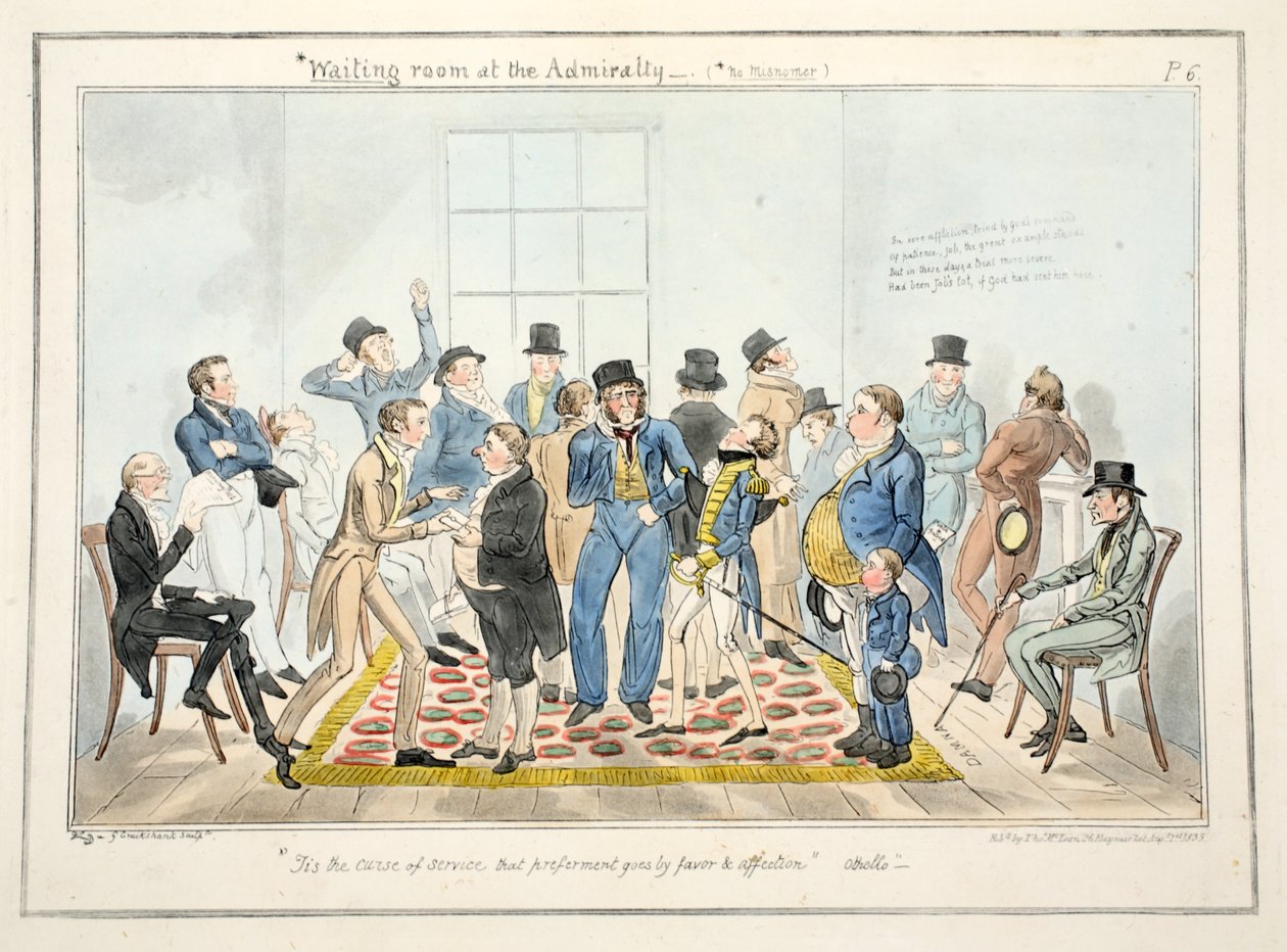 Odotushuone amiraliteetissa, teoksesta The Progress of a Midshipman, pub. 1835 (käsin väritetty kaiverrus). tekijältä George Cruikshank