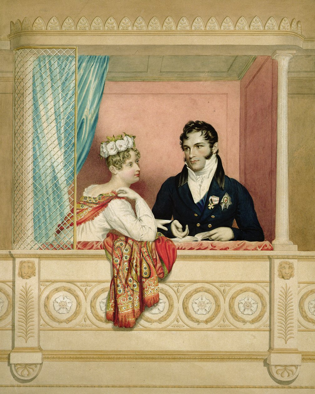 Walesin prinsessa Charlotte Augusta (1796-1817) ja Saxe Cobourg Gothan prinssi Leopold (1790-1865) laatikossaan Covent Gardenissa tekijältä George Dawe