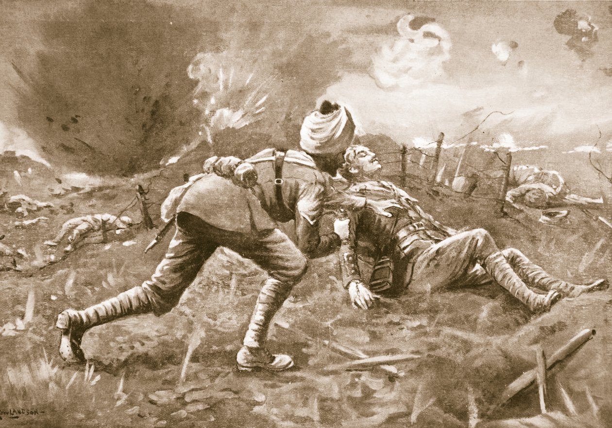 Lance-Naik Lala vetää haavoittuneen upseerin, jonka hän löysi makaavan lähellä vihollista, suojaan ja sitoo siellä hänen haavansa tekijältä George Derville Rowlandson