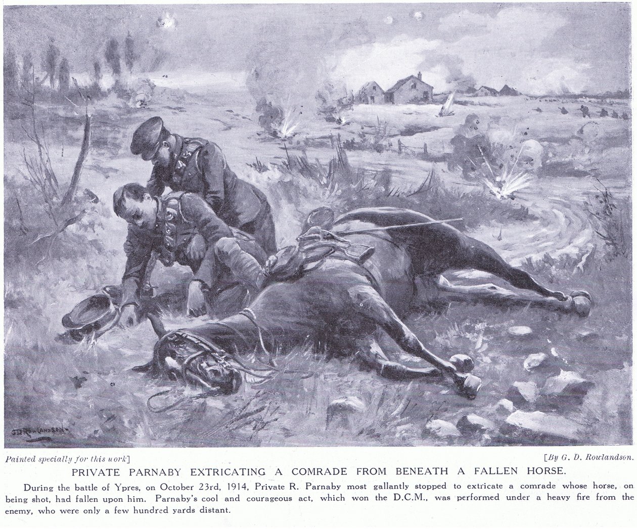 Sotamies Parnaby palkittiin DCM:llä toverinsa pelastamisesta kaatuneen hevosen alta raskaassa tulituksessa lokakuussa 1914. tekijältä George Derville Rowlandson