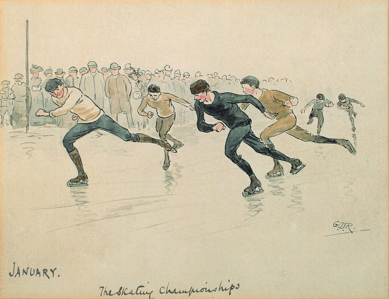 Tammikuu: Luistelu (kynä, muste ja wc paperilla) tekijältä George Derville Rowlandson