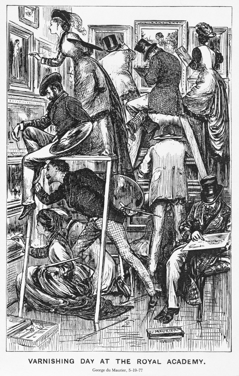 Lakkauspäivä Royal Academyssa, kuvitus "Punchille", 19. kesäkuuta 1877 tekijältä George du Maurier