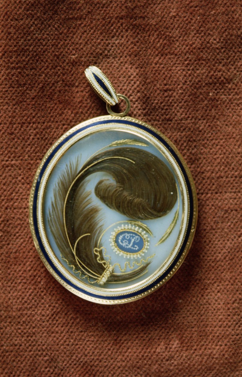 Emaloitu medaljonki, jossa on hiuslukko, jossa on nimikirjaimet C. L. tekijältä George Engleheart