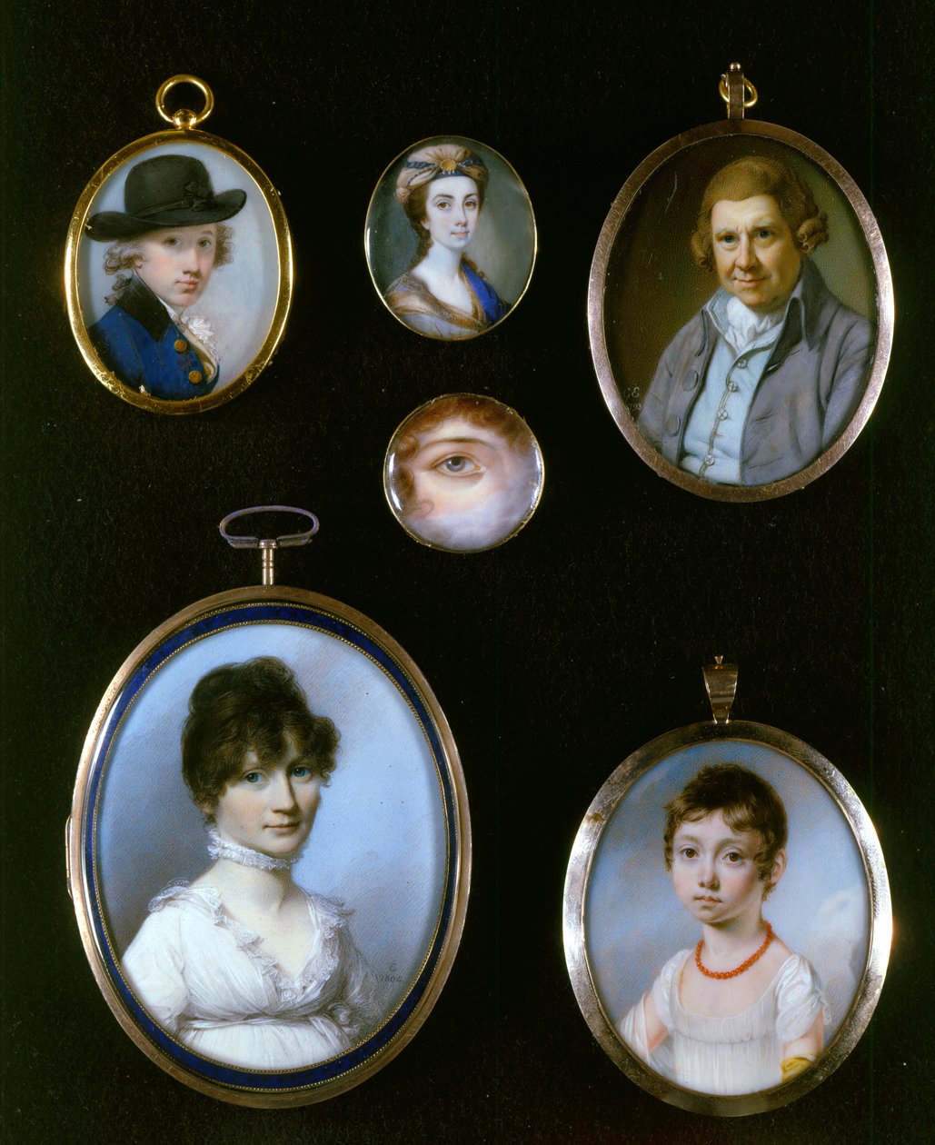 Muotokuvaminiatyyrit, LtoR ja TtoB: Sir Thomas Terney; Tuntematon nainen; William Alton; Silmän muotokuva; Tuntematon nainen (1750-1829); Tuntematon tyttö J.C.D. Engleheart (1784-1862) tekijältä George Engleheart