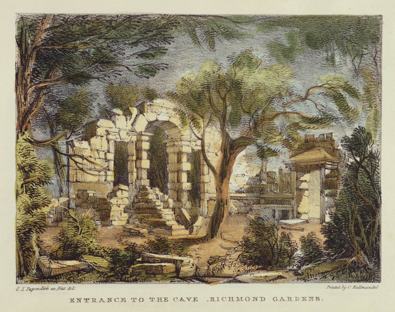 Sisäänkäynti luolaan, Richmond Gardens, levy 18 julkaisusta "Kew Gardens: A Series of Twenty-4 Drawings on Stone", kaivertanut Charles Hullmandel (1789-1850), julkaistu 1820 (käsinvärinen litho) tekijältä George Ernest Papendiek