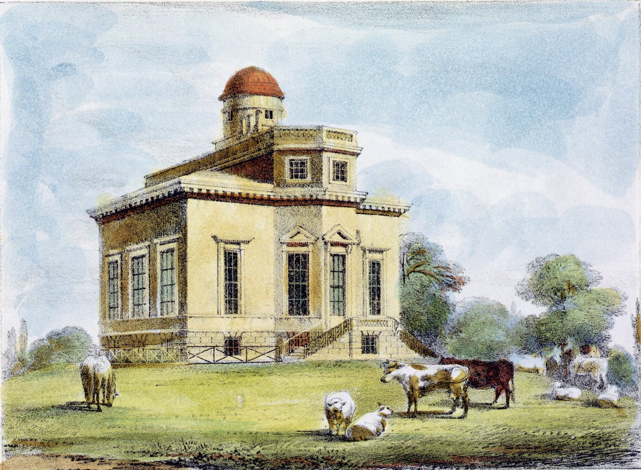 Observatorio, Richmond Gardens, levy 14 julkaisusta "Kew Gardens: A Series of Twenty-Four Drawings on Stone", kaivertanut Charles Hullmandel (1789-1850), julkaistu 1820 (käsinvärinen litho) tekijältä George Ernest Papendiek