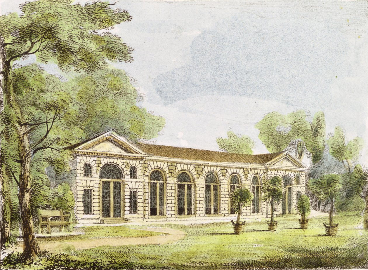 Orangeria, Kew Gardens, levy 11 teoksesta "Kew Gardens: A Series of Twenty-Four Drawings on Stone", kaivertaja Charles Hullmandel (1789-1850), julkaistu 1820 (käsin väritetty litografia). tekijältä George Ernest Papendiek