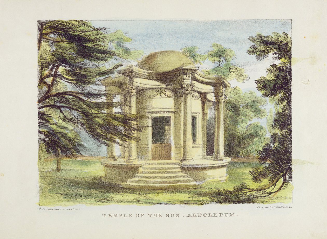 Temple of Victory, Kew Gardens, levy 19 julkaisusta "Kew Gardens: A Series of Twenty-Four Drawings on Stone", kaivertanut Charles Hullmandel (1789-1850), julkaistu 1820 (käsinvärinen litho) tekijältä George Ernest Papendiek