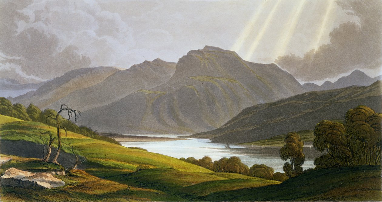 Ben Nevis, levy XII "Scenery of the Grampian Mountainsista", esillä 1811, julkaistu 1819 (käsinvärinen kaiverrus) tekijältä George Fennel Robson