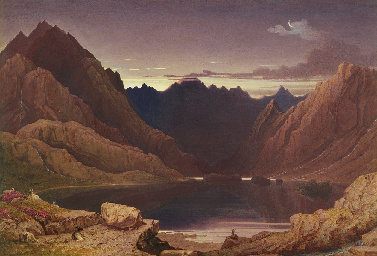 Loch Coruisk, Isle of Skye - Dawn, n. 1826-1832 (wc ja purukumi kortille asetettuna) tekijältä George Fennel Robson