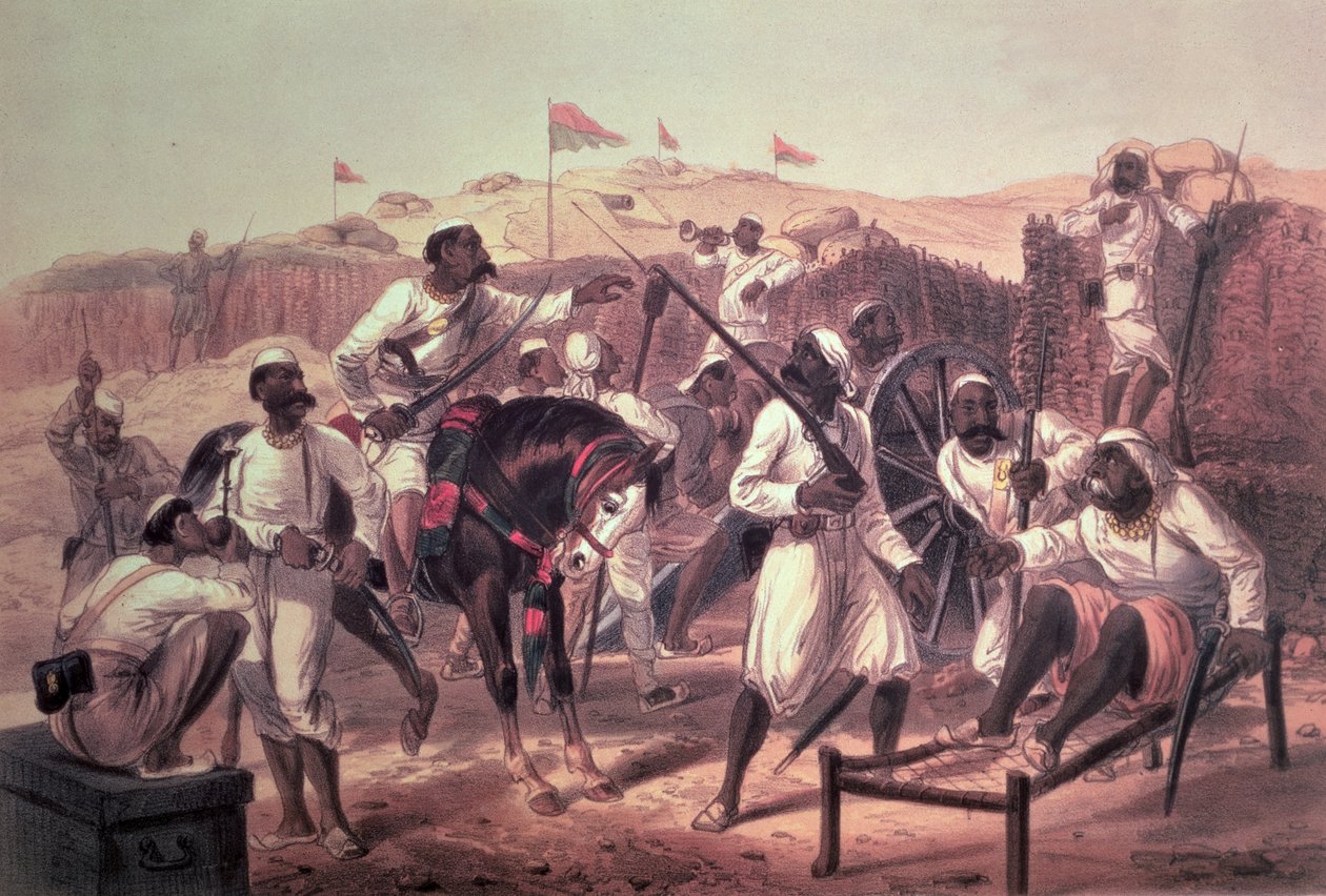 Mytinous Sepoys, julkaisusta "Kampanja Intiassa 1857-58 piirustuksista, jotka on tehty suuren kapinan tapahtumarikkaan aikana...", julkaisija Day und Son, 1857-58 tekijältä George Francklin Atkinson