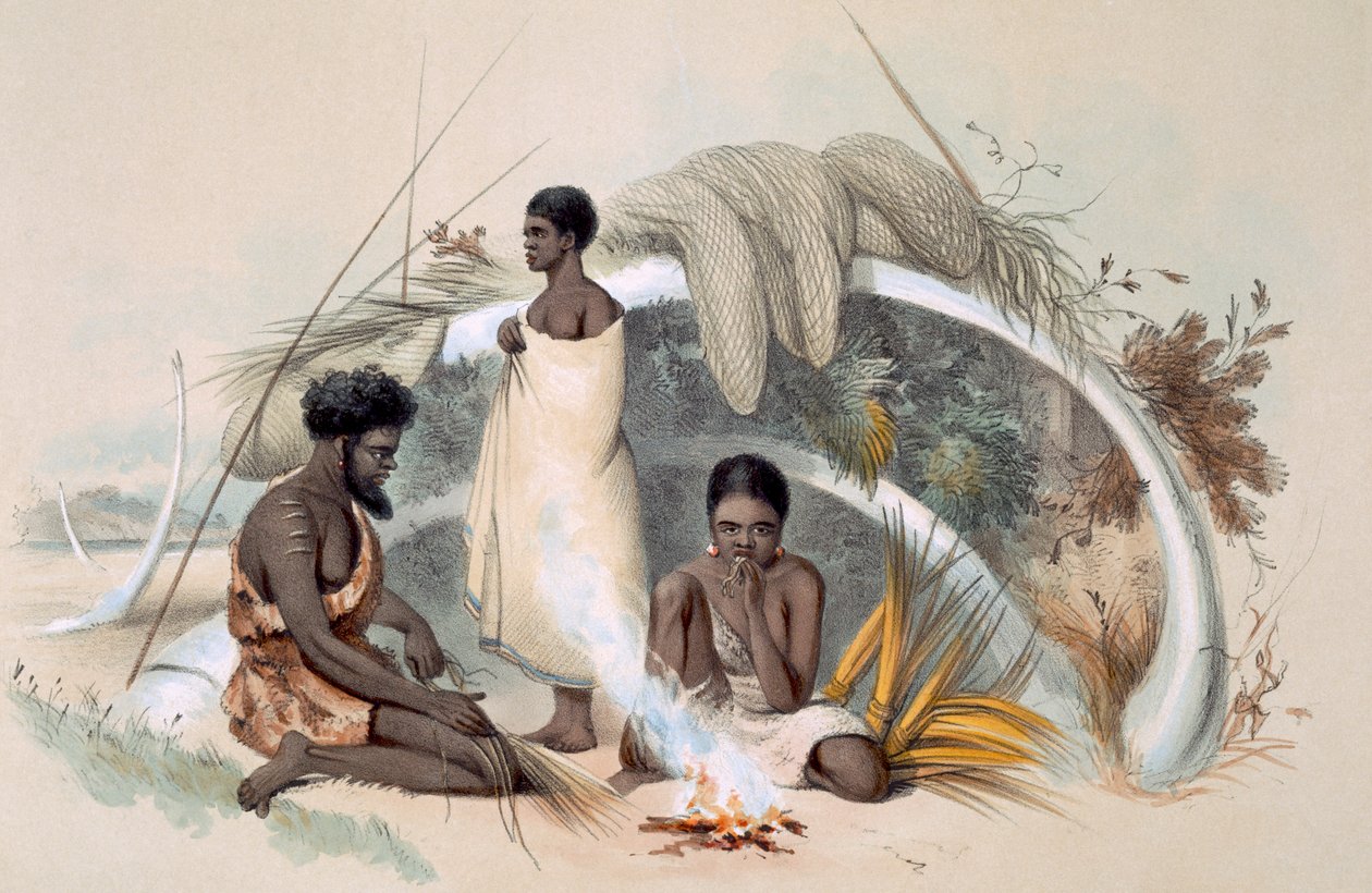 Encounter Bayn alkuasukkaat, jotka tekevät narua kalaverkkoihin valaan kylkiluista muodostetussa mökissä, vuonna 1847 julkaistusta South Australia Illustratedista (käsinvärinen kaiverrus) tekijältä George French Angas