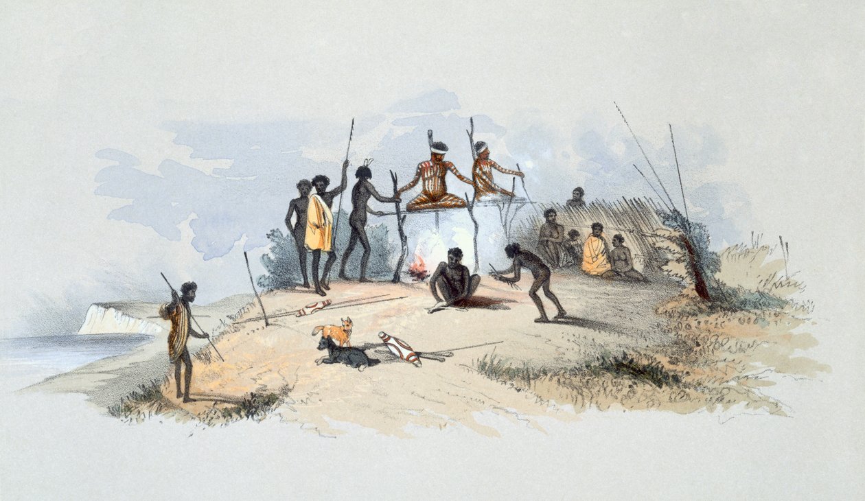 The Aboriginal Inhabitants: Native Tombs and Means of Disposing of their Dead of South Australia Illustrated, julkaistu vuonna 1847 (käsinvärinen kaiverrus) tekijältä George French Angas