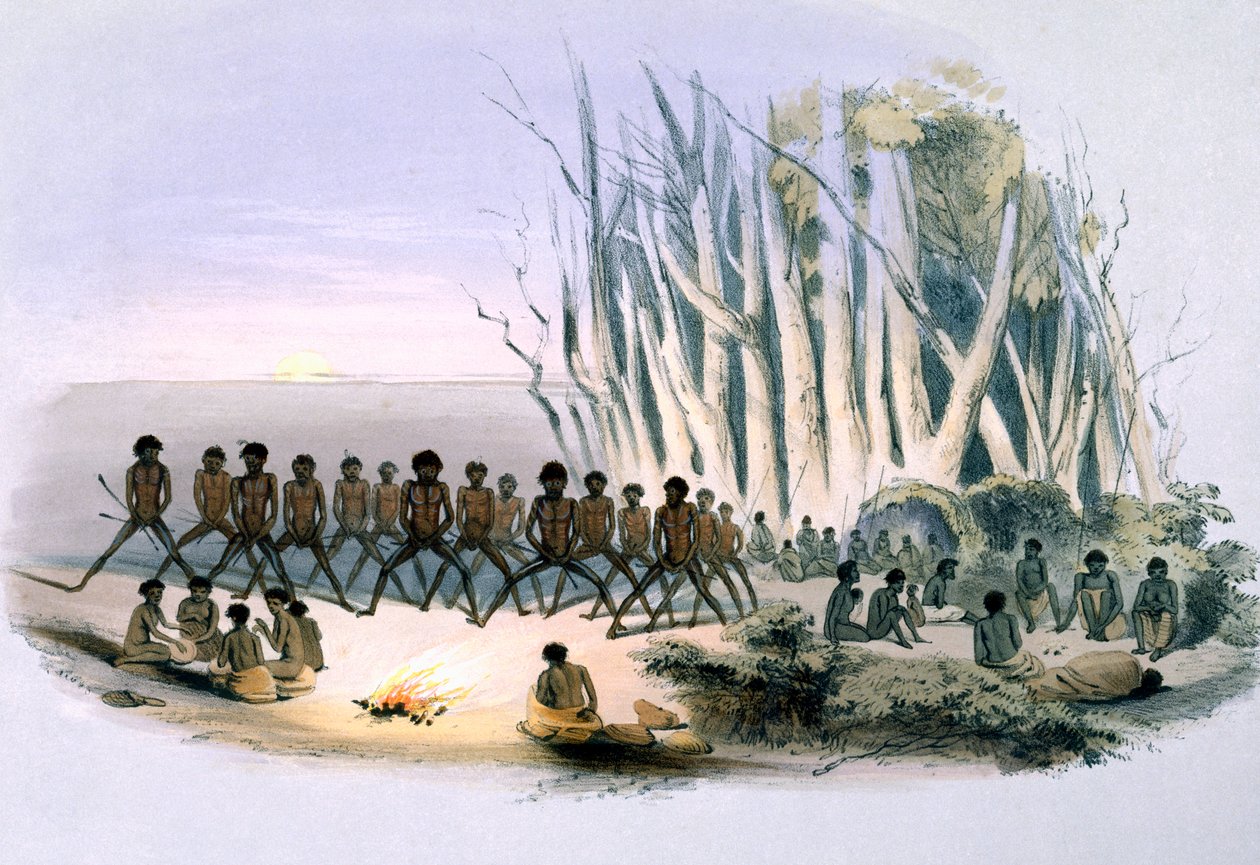 The Aboriginal Inhabitants: The Palti Dance, South Australia Illustrated, julkaistu vuonna 1847 (käsinvärinen kaiverrus) tekijältä George French Angas