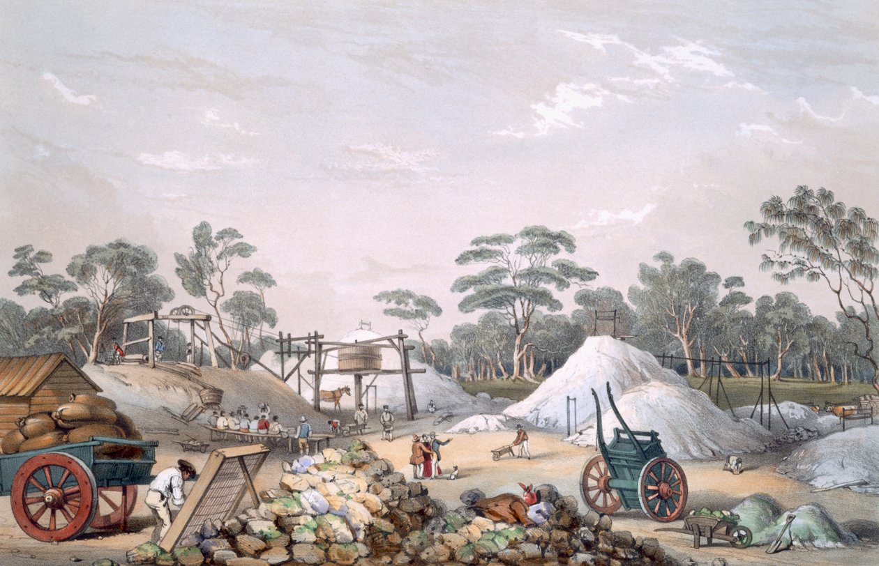 Kapundan kuparikaivos, South Australia Illustrated -lehdestä, julkaistu 1847 (käsin väritetty kaiverrus). tekijältä George French Angas
