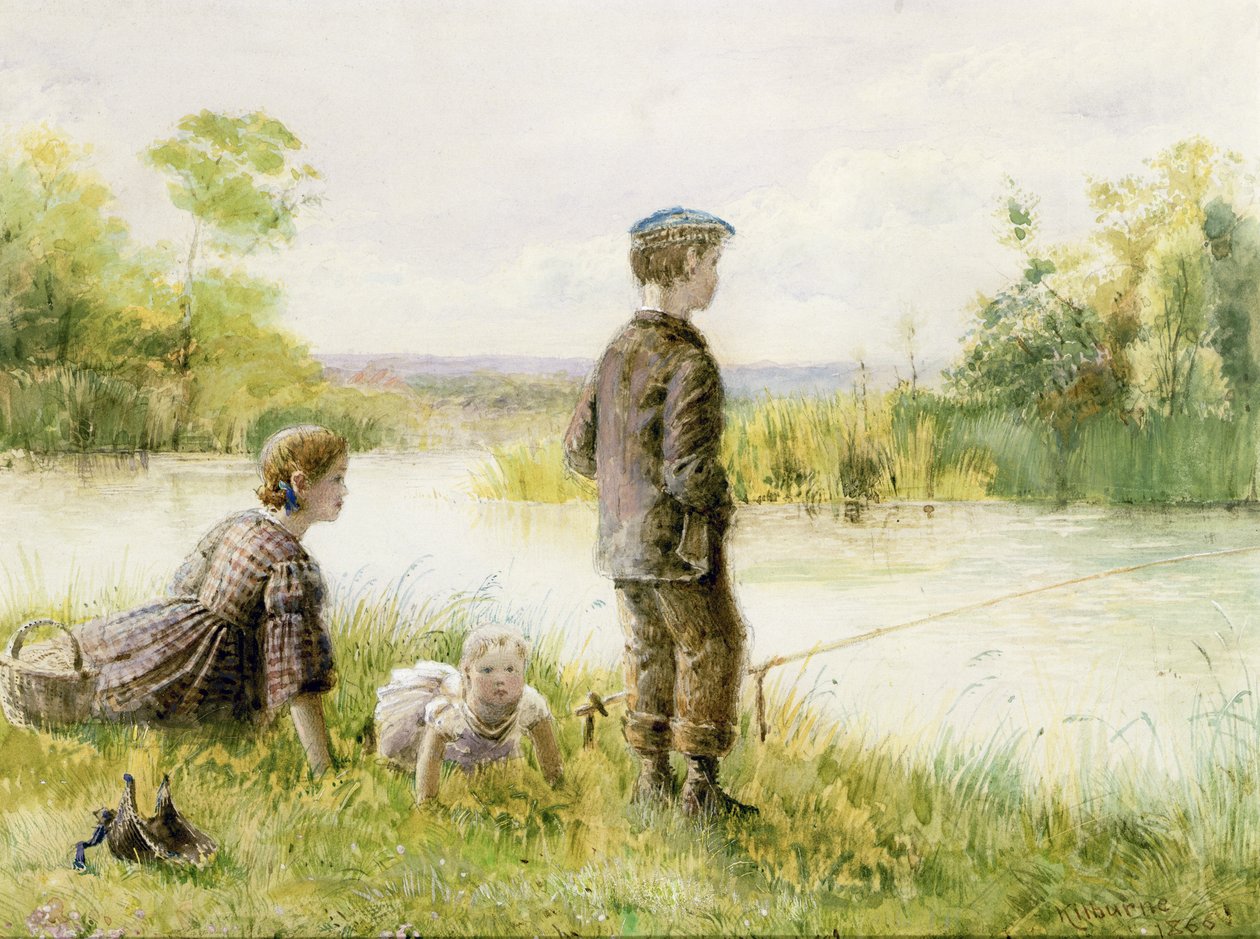 Lapset kalastavat puron rannalla tekijältä George Goodwin Kilburne
