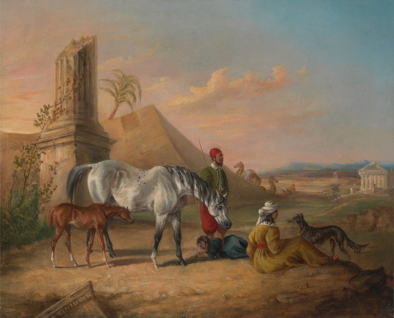 Harmaa arabialainen tamma ja varsa perheen kanssa tekijältä George Henry Laporte