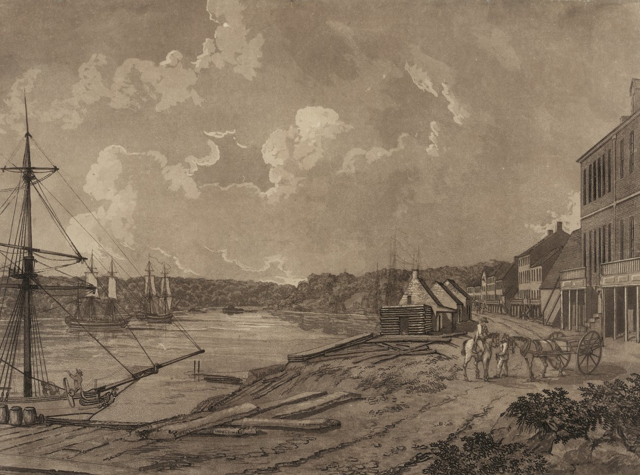 Näkymä Washingtonin kaupungin esikaupunkialueille (Georgetownin ranta), n. 1795 (akvatinta) tekijältä George Isham Parkyns