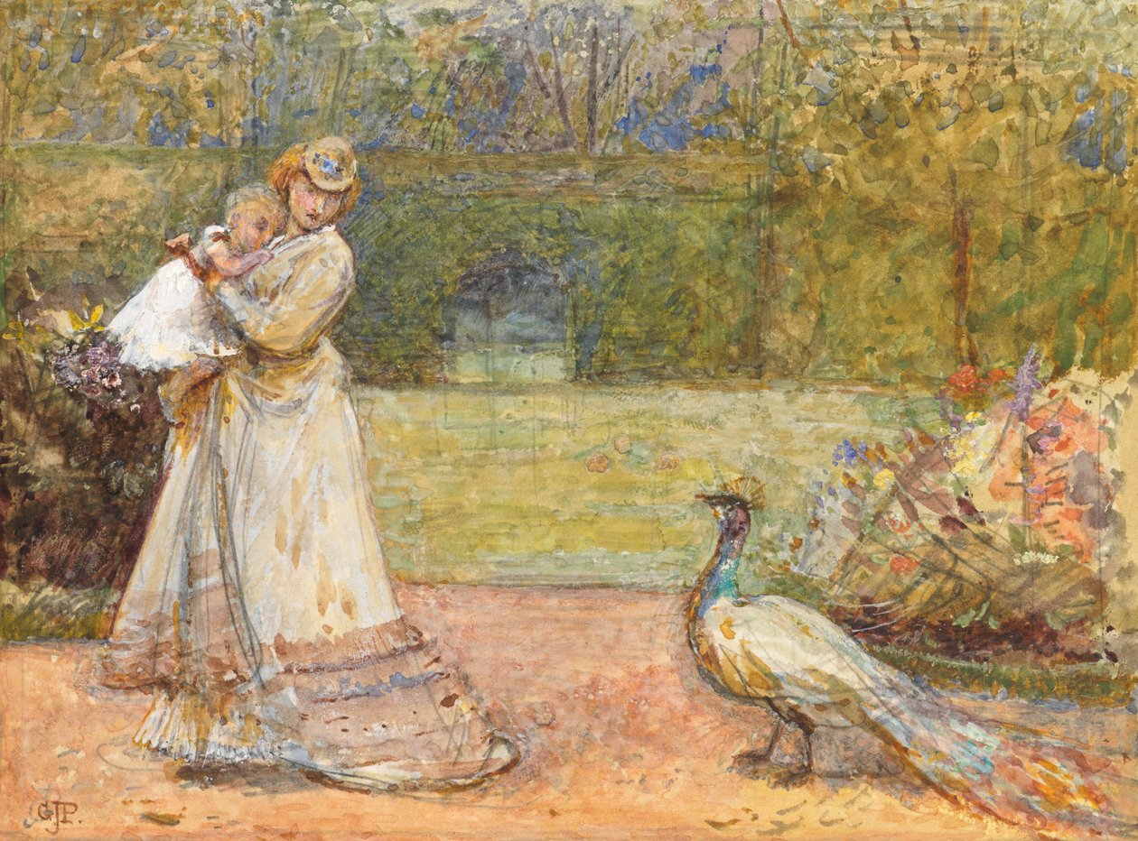 Lady and a Peacock (lyijykynä ja wc korotettu valkoisella paperilla) tekijältä George John Pinwell