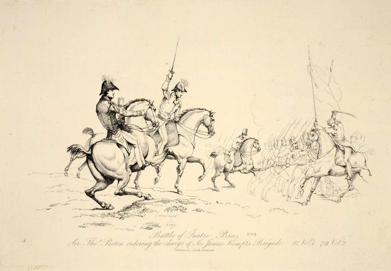 Quatre Brasin taistelu: Sir Thomas Picton määrää Sir James Kempts Prikaatin panoksen, pubi. J. Booth, 1816 tekijältä George Jones