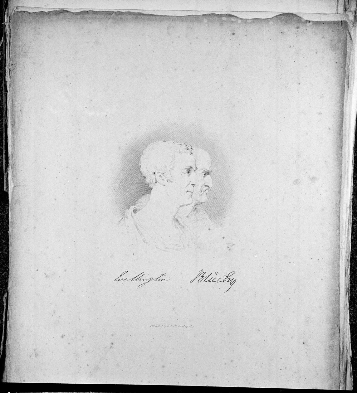 Wellingtonin ja Blücherin profiilimuotokuvat, Samuel Mitanin kaiverrus, 1817. tekijältä George Jones