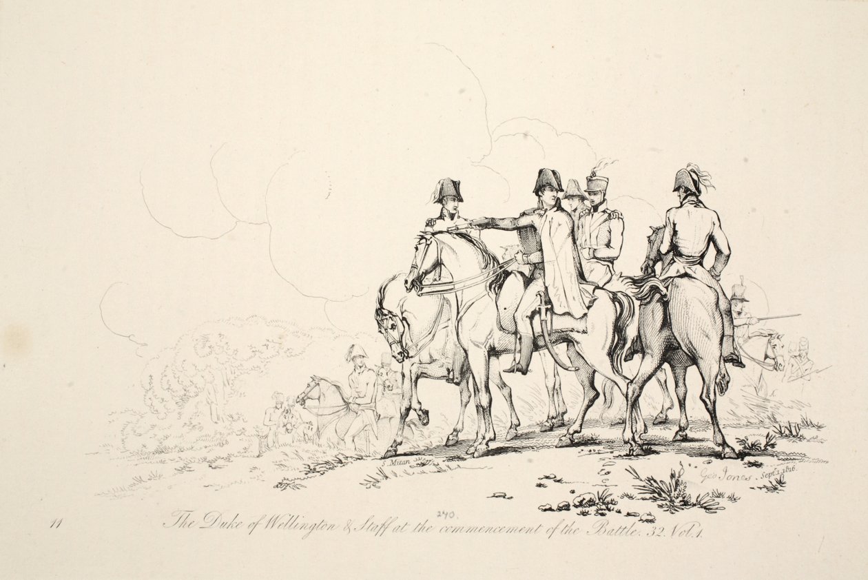 Wellingtonin herttua ja esikunta taistelun alkaessa, pub. J. Booth, 1816 tekijältä George Jones