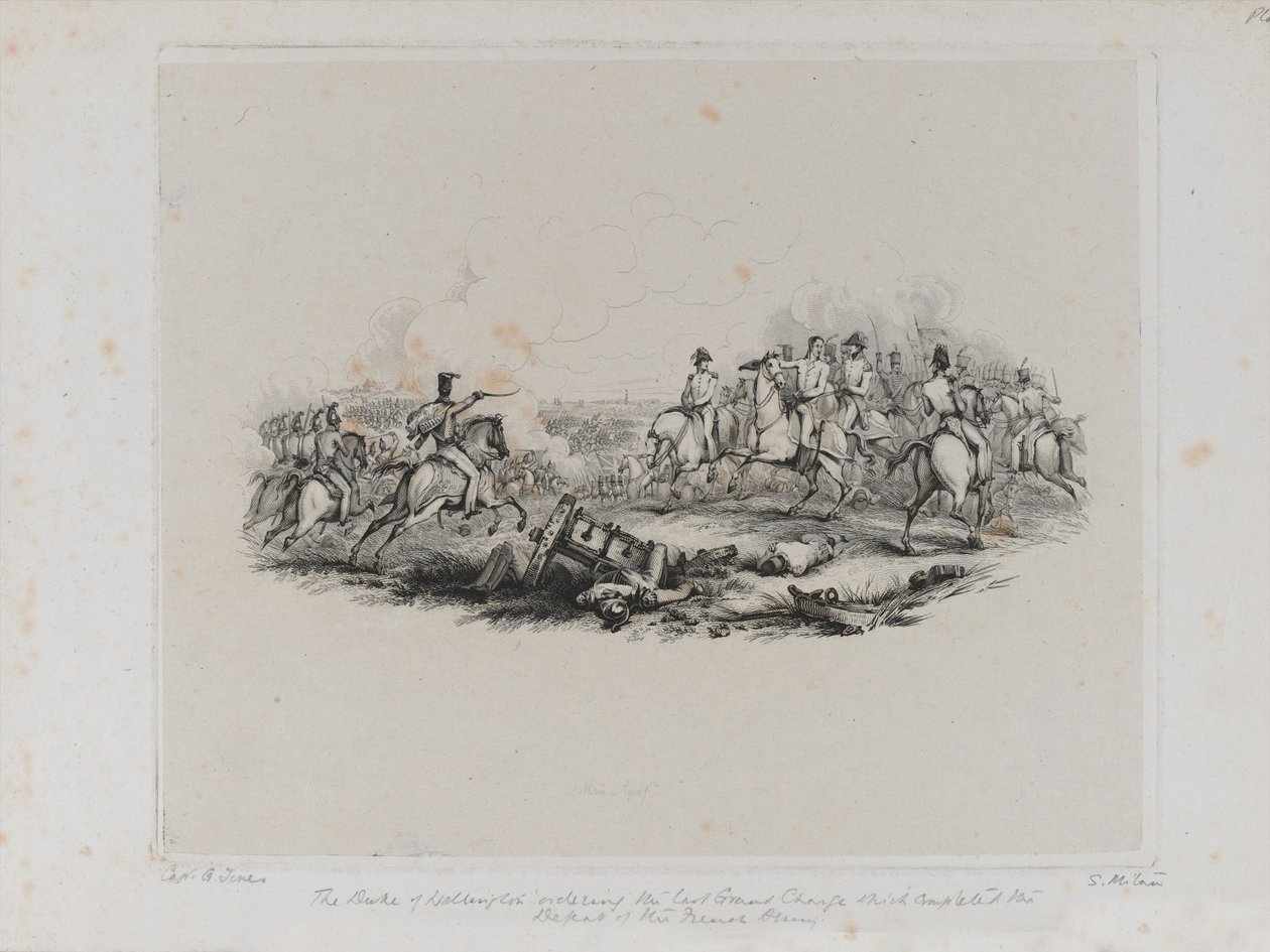 Ikimuistoinen Waterloon taistelu – Wellingtonin herttua määräsi viimeisen suuren panoksen, joka viimeisteli Ranskan armeijan tappion, Samuel Mitanin kaiverrus, 1817 tekijältä George Jones
