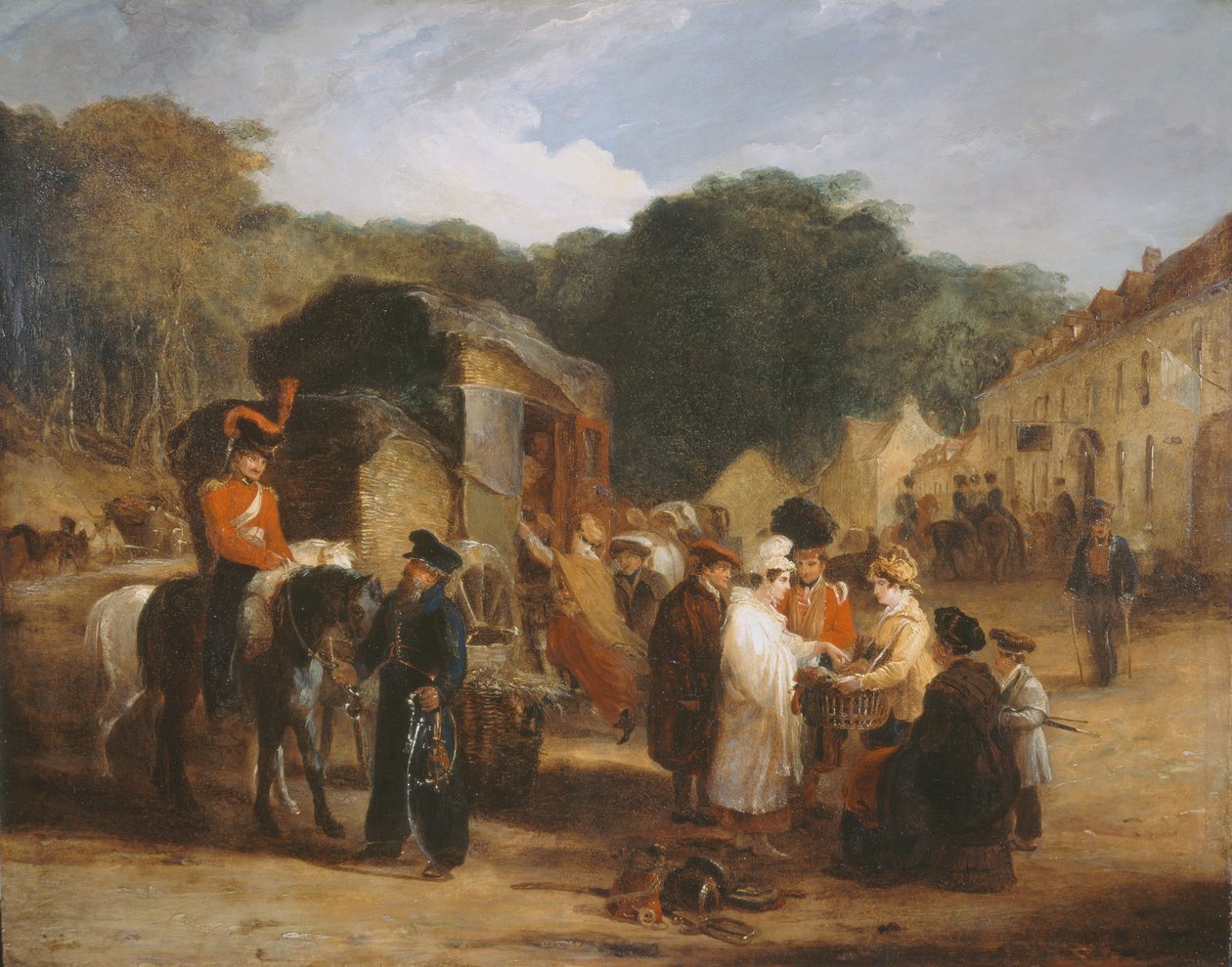 Waterloon kylä, jossa matkustajat ostivat taistelukentältä löydettyjä jäännöksiä, 1815, n. 1821 tekijältä George Jones