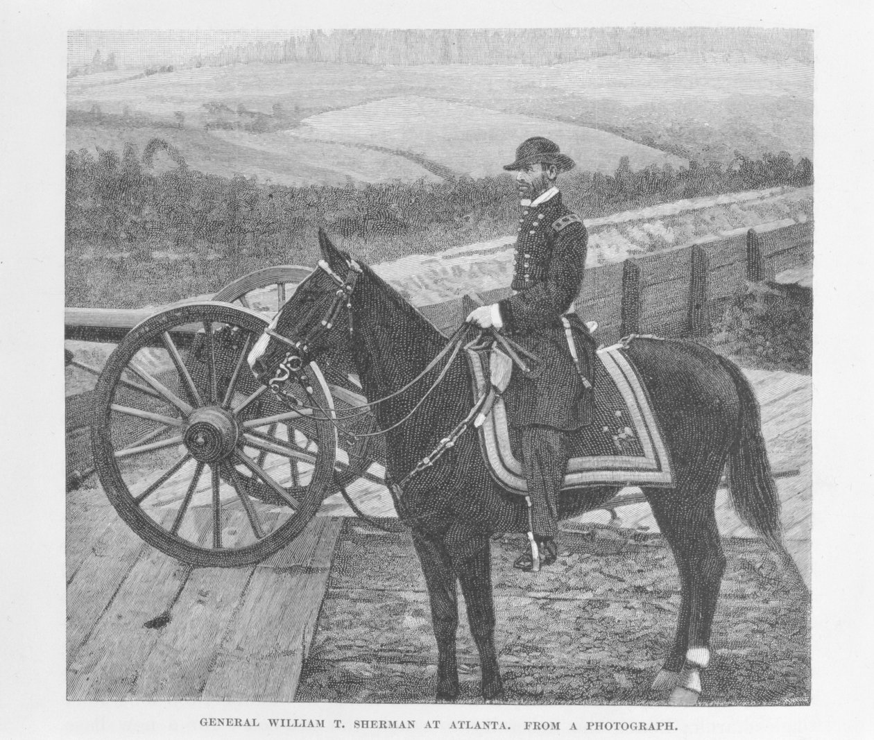Kenraali William Tecumseh Sherman Atlantassa, kaiverrettu valokuvasta, kuvitus teoksesta "Battles and Leaders of the Civil War", toimittajina Robert Underwood Johnson ja Clarence Clough Buel (kaiverrus) tekijältä George. M. Bell