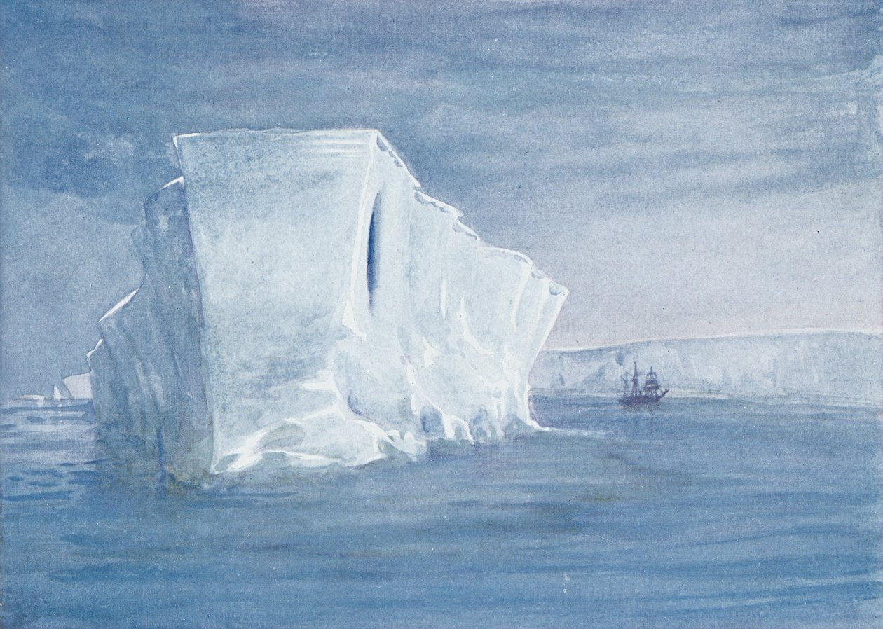 Jäävuori, piirros Sir Ernest Shackletonin (1874-1922) teoksesta "Nimrod in the Antarktic 1907-09" tekijältä George Marston