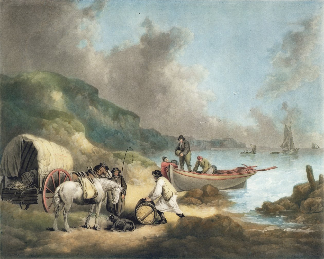 Smugglers, kaiverrus James Ward (1769-1859), pub. kirjoittanut J.R. Smith, 1793 (mezzotint-kaiverrus) (pari 125517) tekijältä George Morland