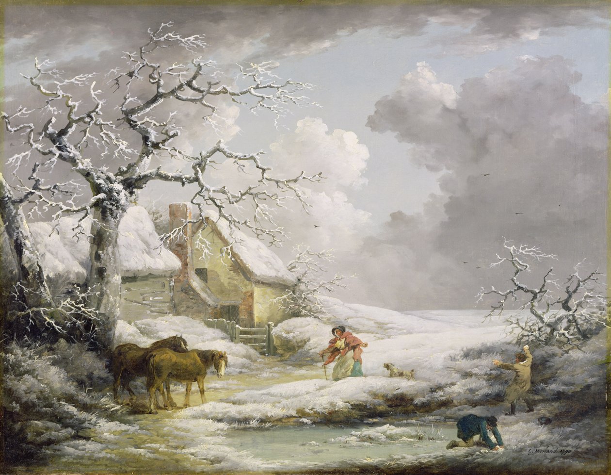 Talvimaisema, jossa miehet lumipallottavat vanhaa naista, 1790 tekijältä George Morland