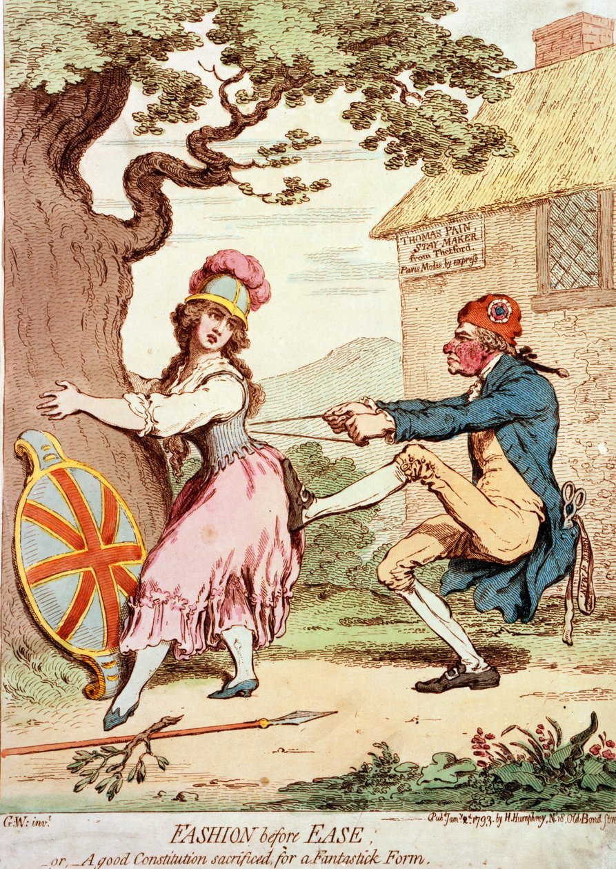 Muoti ennen helppoutta, tai Hyvä perustuslaki uhrataan fantastisen muodon vuoksi, pub. 1793 (käsin väritetty kaiverrus) tekijältä George Moutard Woodward