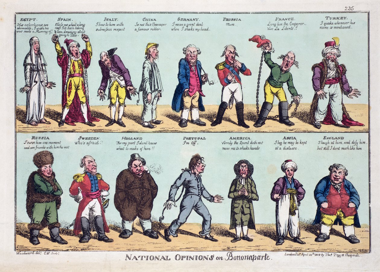 Kansalliset mielipiteet Bonapartesta, julkaistu 20. huhtikuuta 1808 (värillinen etsaus) tekijältä George Moutard Woodward