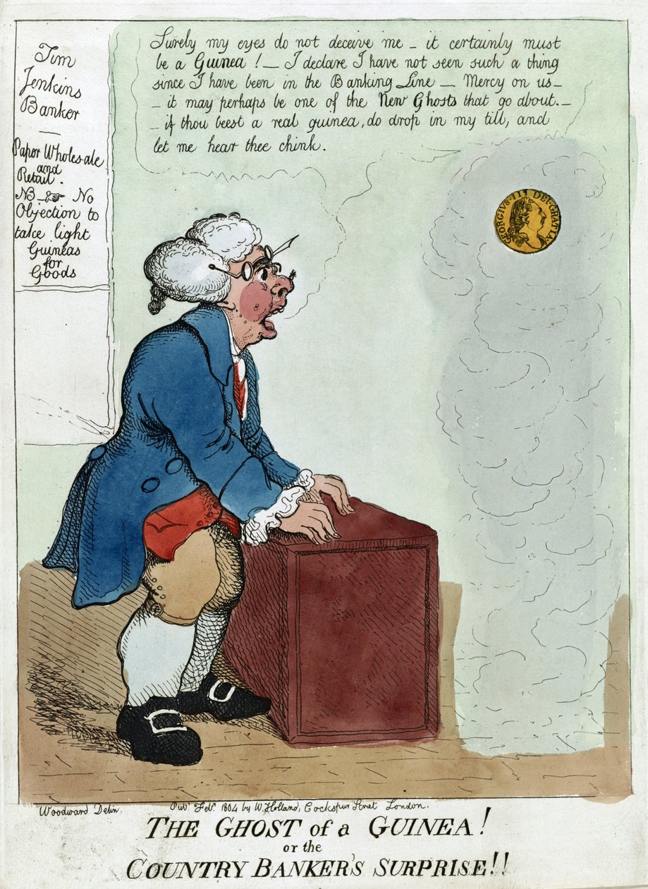 Guinean haamu! Tai Maapankkiirin yllätys!!, 1804 (käsinvärinen etsaus) tekijältä George Moutard Woodward
