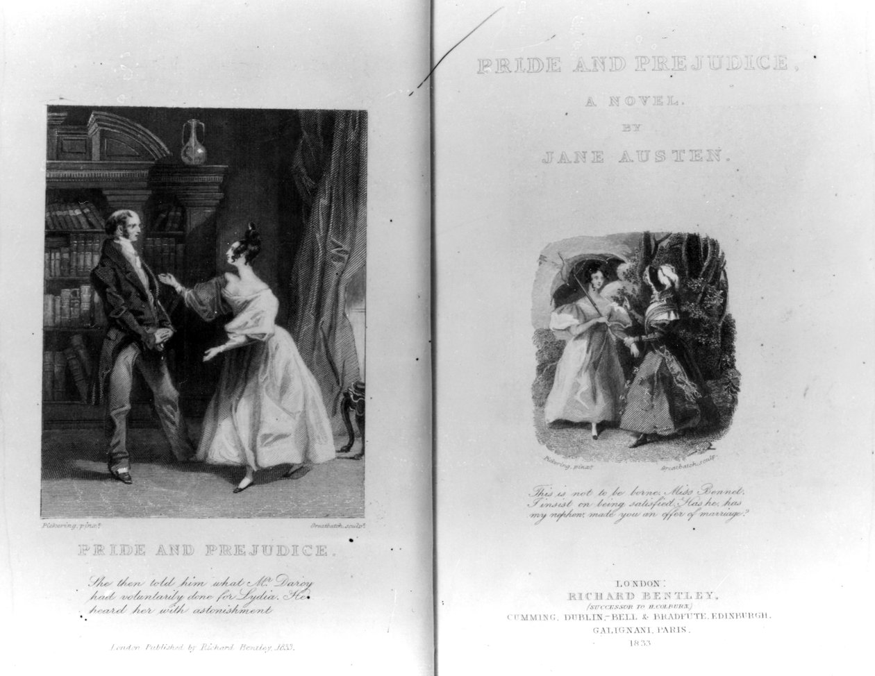 Jane Austenin "Ylpeys ja ennakkoluulo" -teoksen etupuoli ja nimilehti, kaivertanut William Greatbach, painos, julkaistu vuonna 1833 tekijältä George Pickering