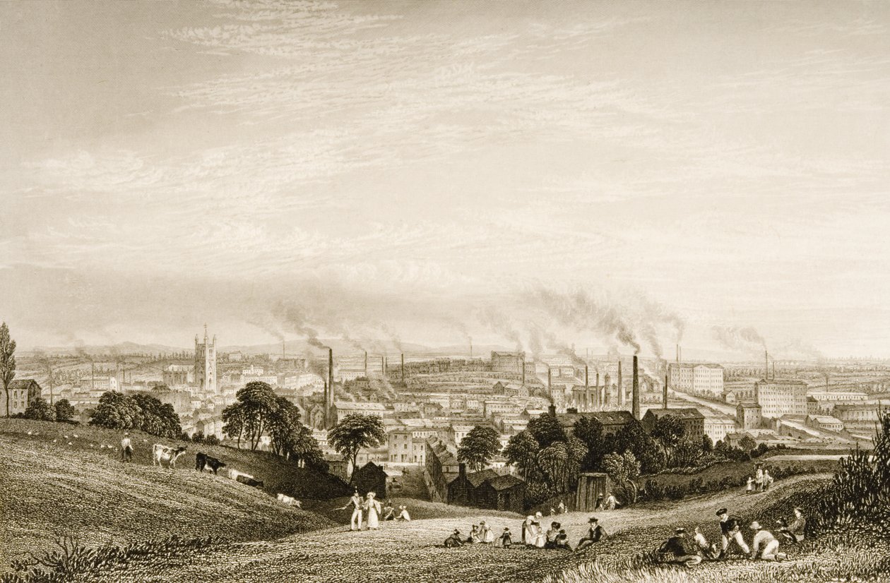Yleiskuva Stockportista, Lancashiresta, jossa näkyy puuvillatehtaita, julkaisija J.C. Varrall (fl.1815-27) 1830-luku tekijältä George Pickering