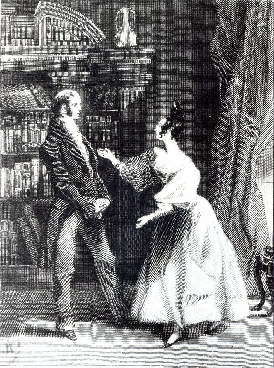 Sitten hän kertoi hänelle, mitä herra Darcy oli vapaaehtoisesti tehnyt Lydian hyväksi. Hän kuuli hänet hämmästyneenä", kuvitus Jane Austenin (1775-1817) teoksesta "Ylpeys ja ennakkoluulo" William Greatbachin (s.18) kaiverruksesta. tekijältä George Pickering