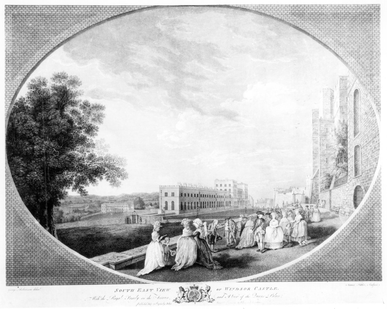 Kaakkoisnäkymä Windsorin linnalle, kuninkaallinen perhe terassilla ja näkymä kuningattaren palatsille, kaiverrettu James Fittler, 1783 tekijältä George Edward Robertson