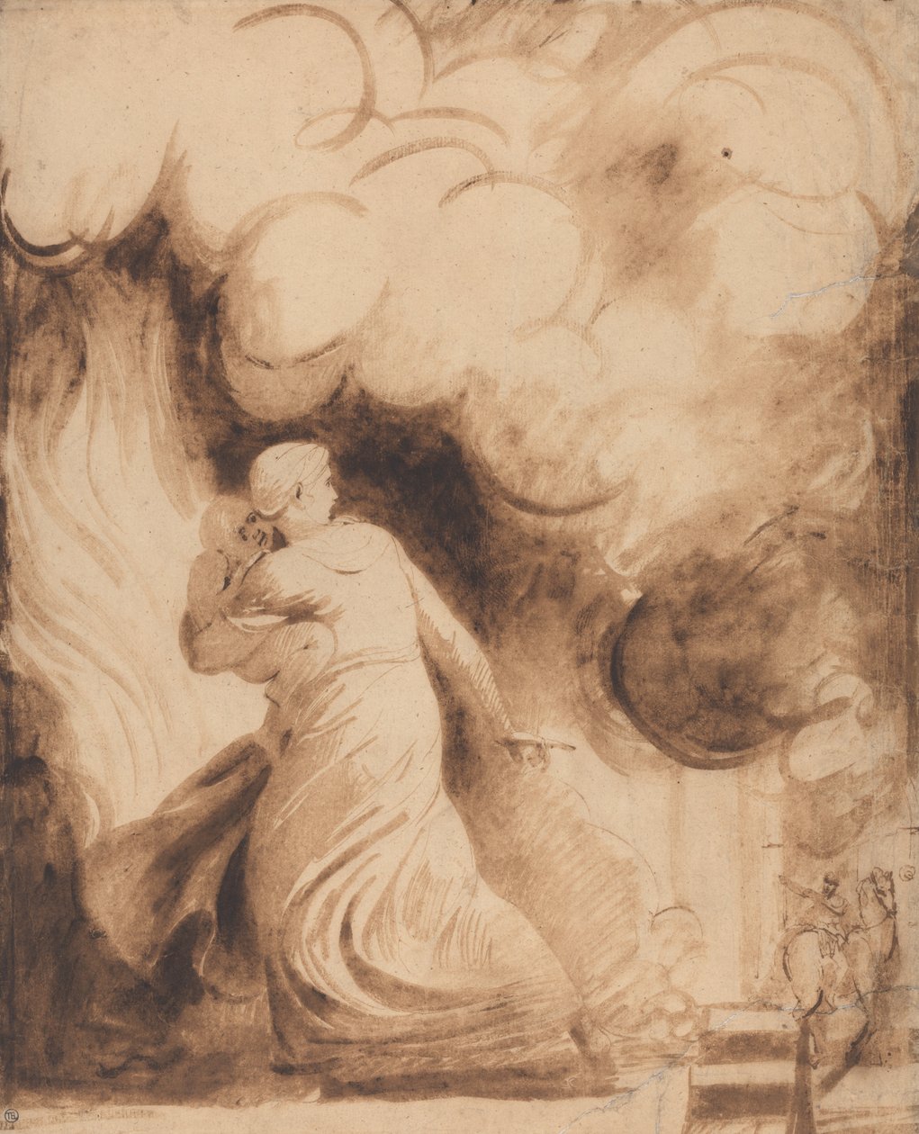 Äiti lapsineen käsivarsillaan lentäen liekkien kaupungin valleille (Lady Hamilton ... tekijältä George Romney