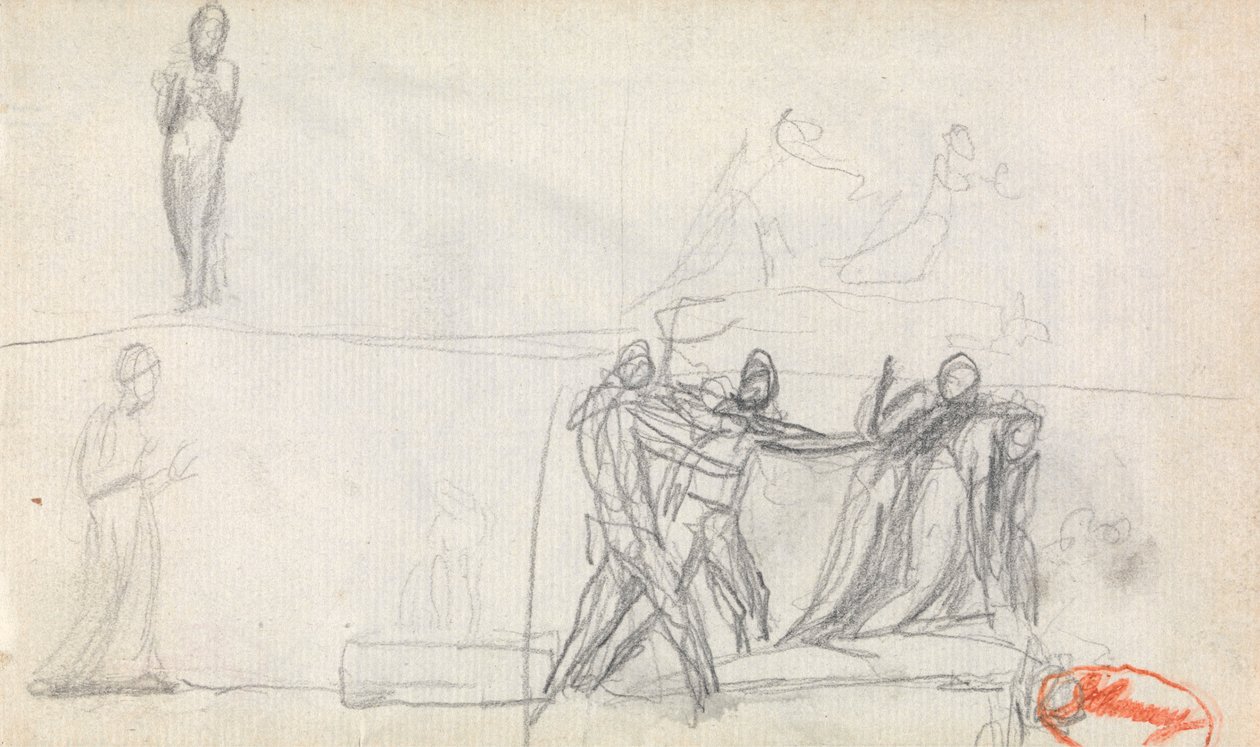 Ryhmäkuvaus ja kaksi luonnosta seisovasta kuvasta tekijältä George Romney