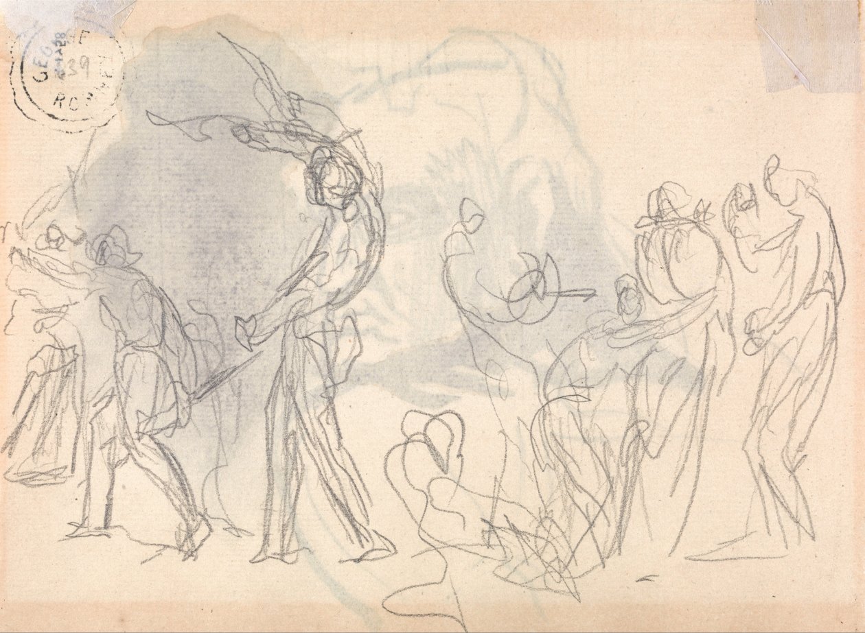 Miehet menossa taistelemaan, joukko kumartavia naisia takana tekijältä George Romney