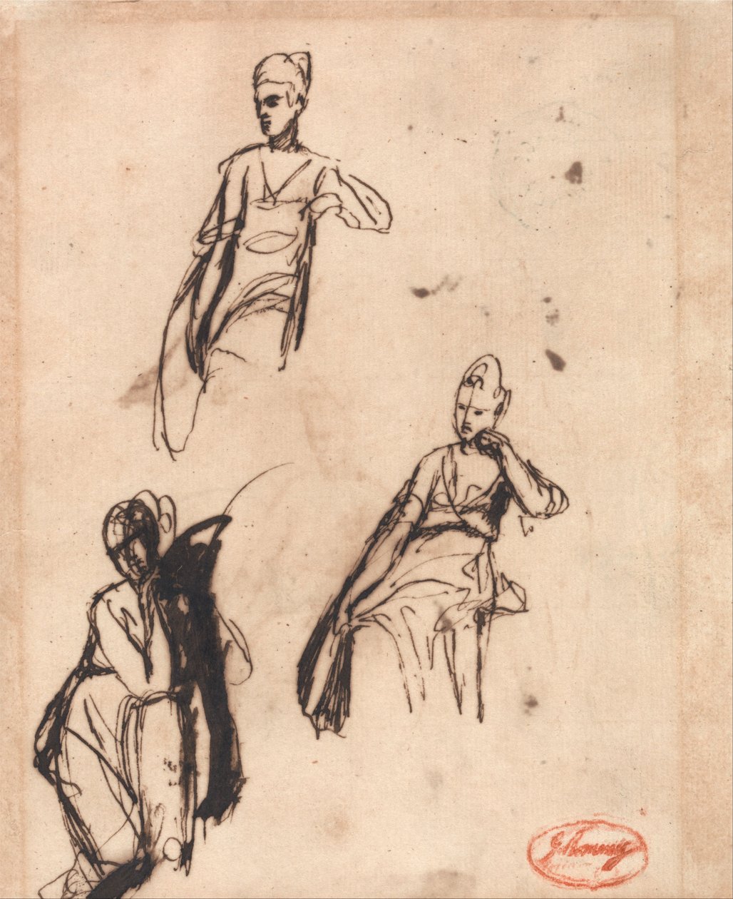 Istuva nainen- kolme asentoa tekijältä George Romney