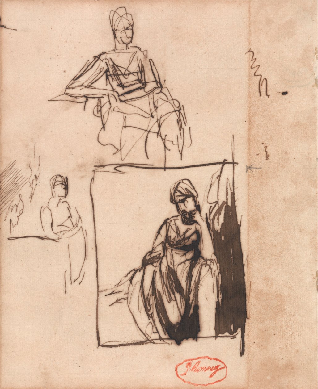 Istuva nainen- kolme asentoa tekijältä George Romney