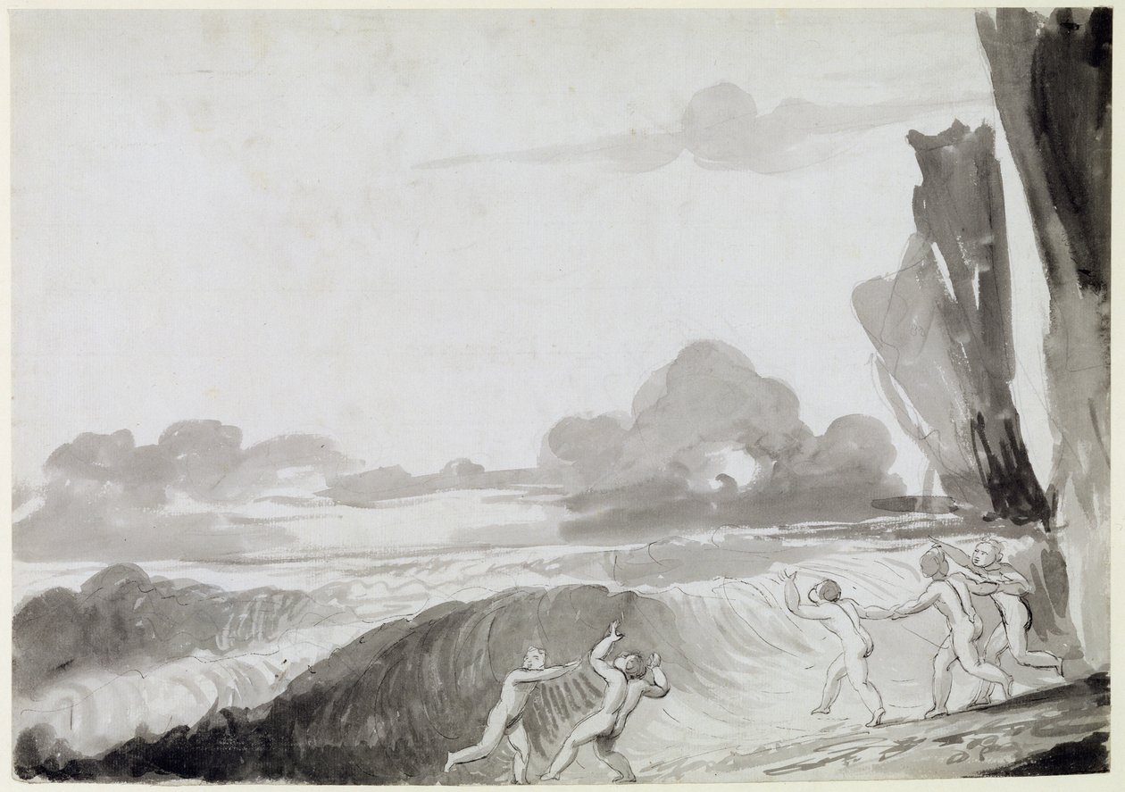 Aalto (tussi ja tussi ja harmaa tussi grafiitin päällä paperilla) tekijältä George Romney