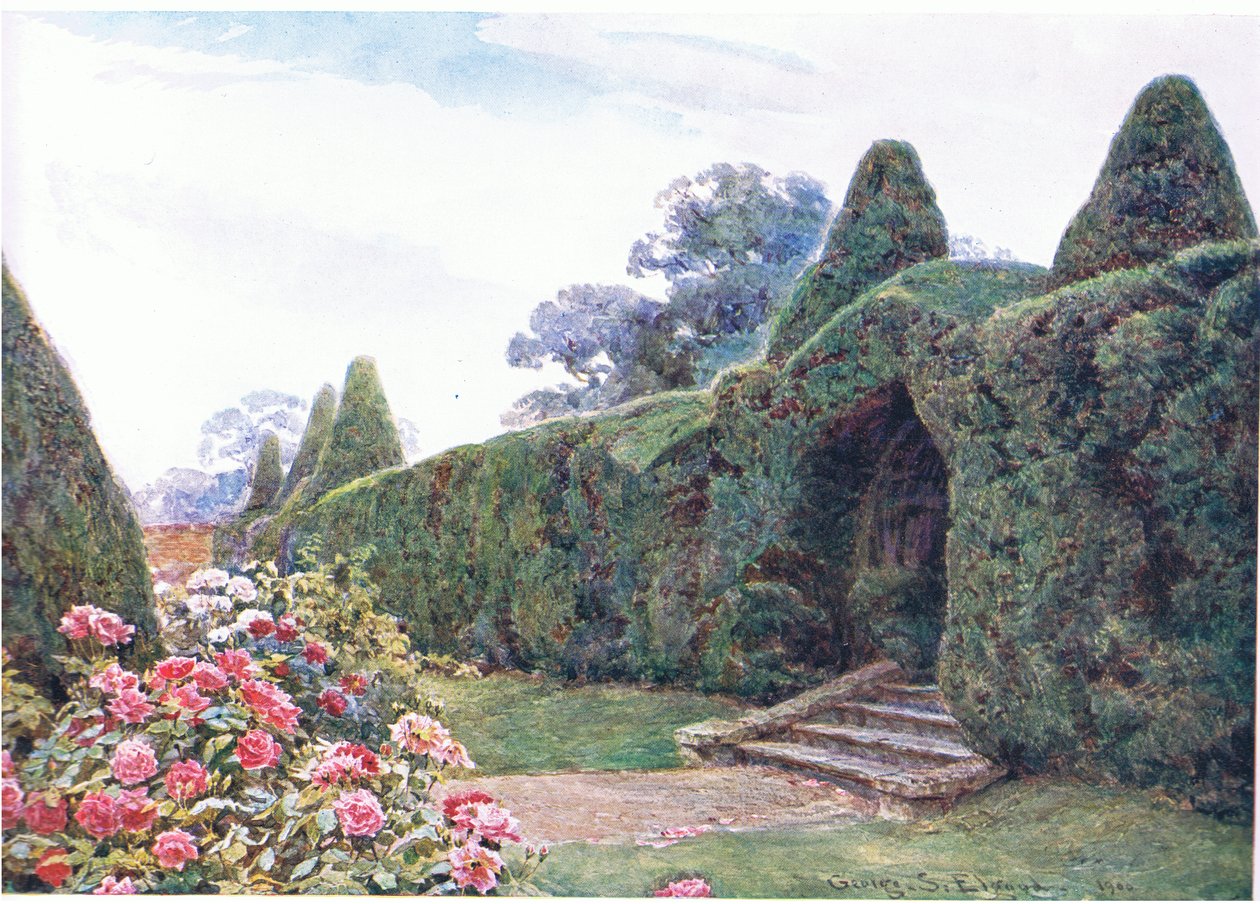 Marjakuuskaari Brickwallissa, Sussexissa, Englannin puutarhasta: Etelä- ja länsimaakunnissa, julkaisija The Studio, 1907 tekijältä George Samuel Elgood