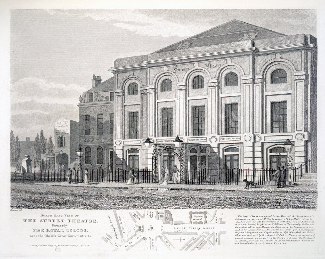 Koillisnäkymä Surrey-teatterista, entisestä Kuninkaallisesta sirkuksesta, lähellä obeliskia, Great Surrey Street, kaiverrettu William Wise (1790-1818), julkaisija Robert Wilkinson, Lontoo. tekijältä George Shepherd