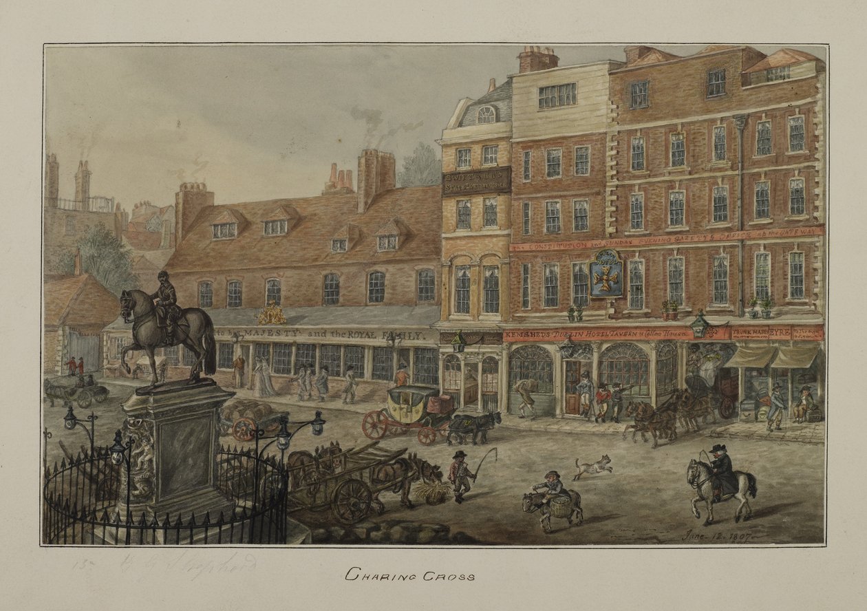 Näkymä Charing Crossista, jossa näkyy hevosvetoisia ajoneuvoja, hahmoja ja Dublin Hotel Tavern and Coffee House, 1807 (wc paperilla) tekijältä George Shepherd