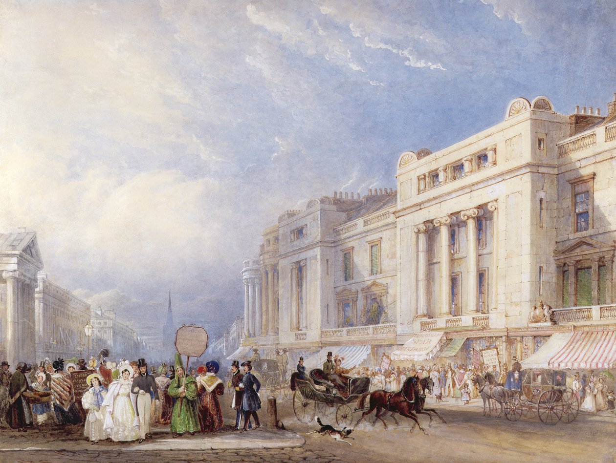 Regent Street, Lontoo, pohjoiseen, Dickins ja Jones oikealla ja Hannoverin kappeli vasemmalla, 1835 (wc und gouache lyijykynän päällä) tekijältä George Shepherd