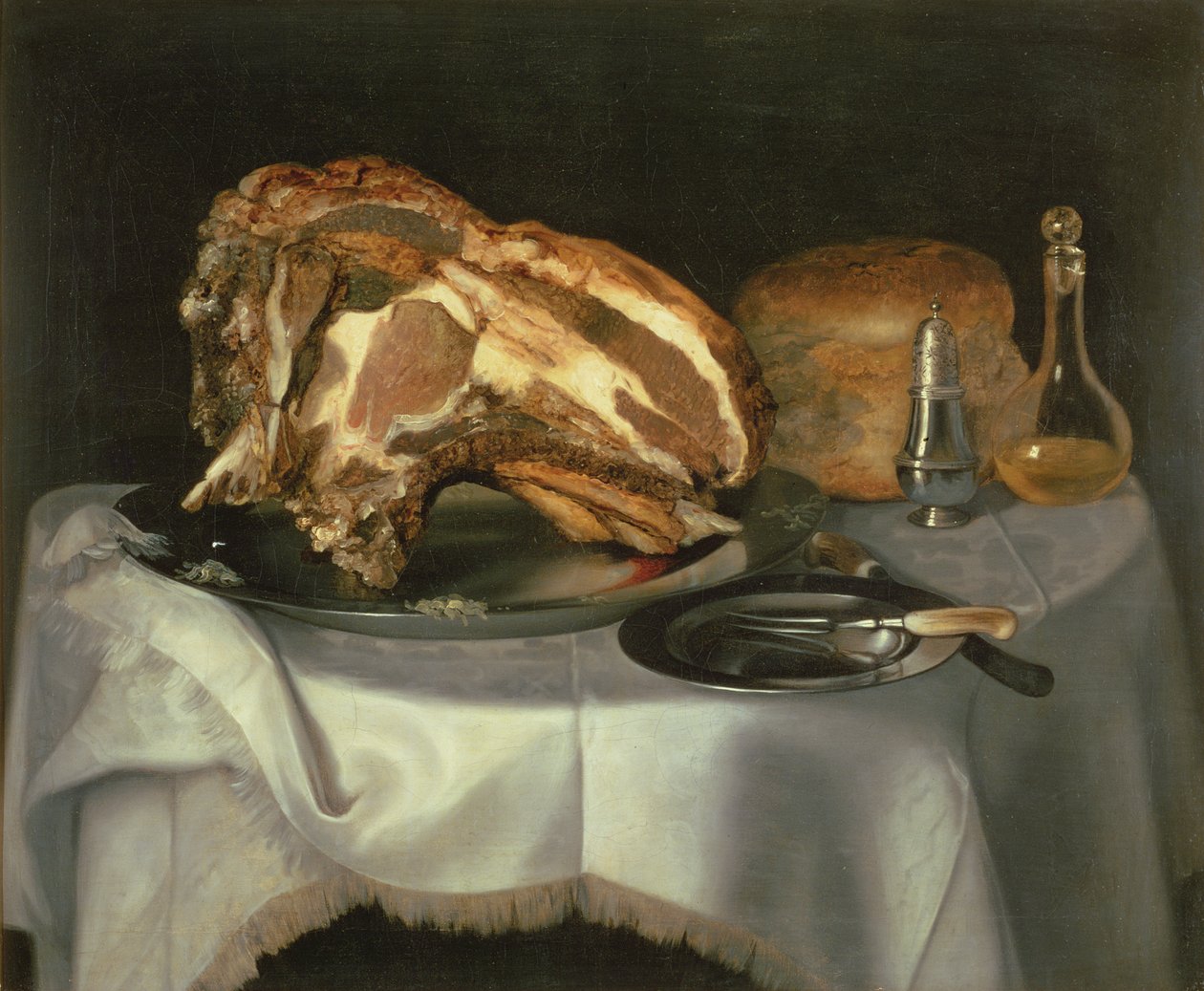 Asetelma naudanlihan kanssa tinalautasella, n. 1750-60 tekijältä George Smith